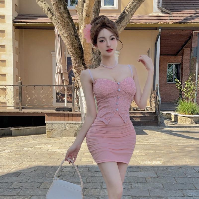 9823 Sexy Waist-Cinching Slimming Camisole Dress with Low-Cut Mesh Splice and Irregular Tight Bodycon Mini Skirt