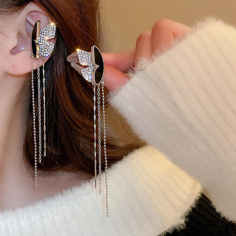 Silver Needle Star & Moon Tassel Ear Clips: Shiny Zircon, Sweet & Cool Style, Non-Pierced