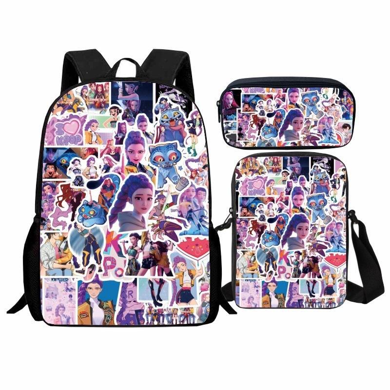Set Zaino per Studente Gruppo di Ragazze Cacciatrici Kpop 3-in-1 Cartone Animato Borsa Scolastica con Borsa a Tracolla e Astuccio