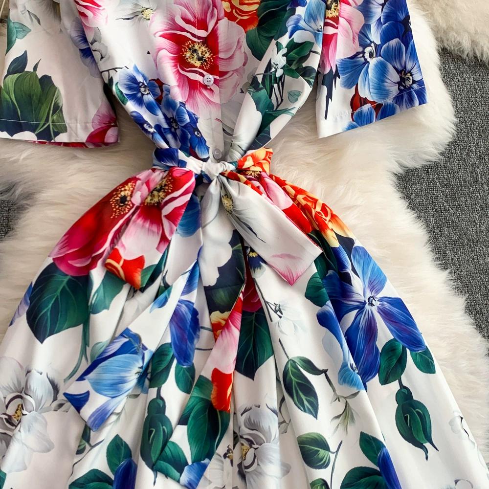 Summer Women Designer Print Runway Dress Elegant Turn-down Collar Office Work Midi Lace-up Shirt Dresses