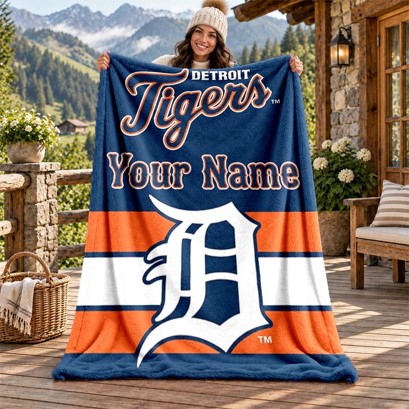 Detroit Tigers Custom Name Flannel Blanket Personalized Soft Warm Plush Throw Blanket Customized Gift for Family Friends
