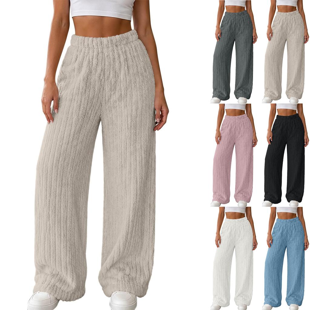 Winter Pants for Women Elastic Waist Fuzzy Wide Leg Casual Trousers