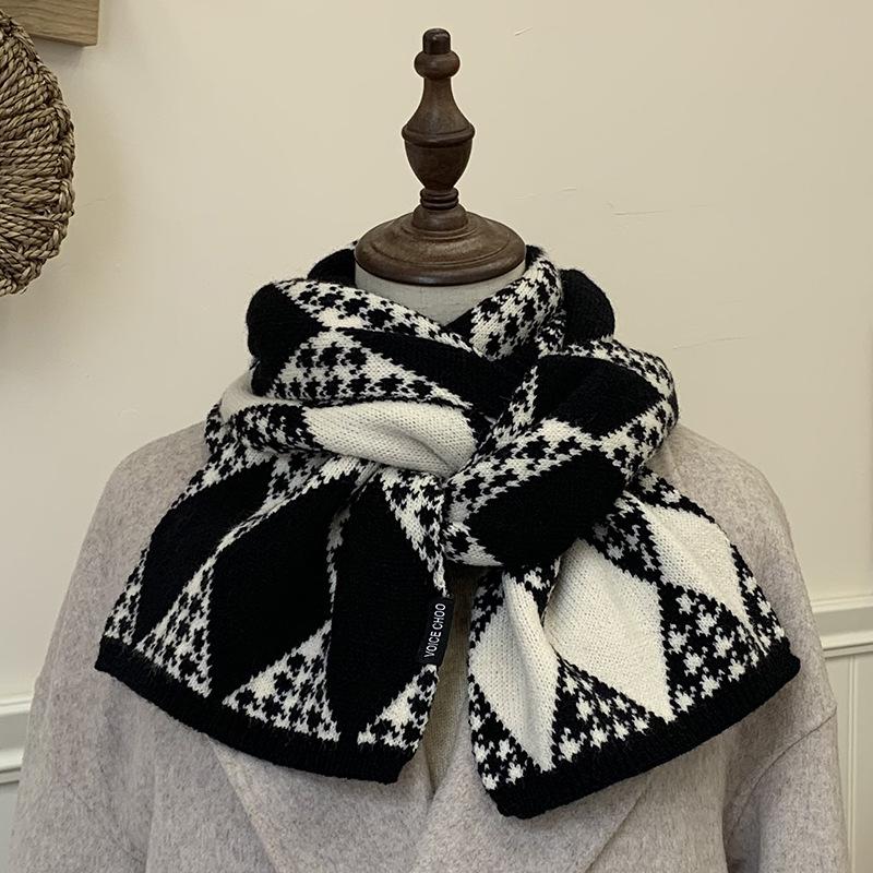 Red Scarf for Women Winter Knitted Wool Student Plaid Thickened Warm Korean Version Versatile Birthday Gift Scarf Trendy