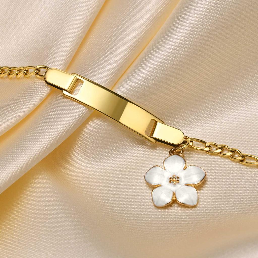 Personalized Engrave Name ID Bracelet for Kid Baby, Stainless Steel Flower Charm Bracelet, Waterproof Custom Jewelry for Girl