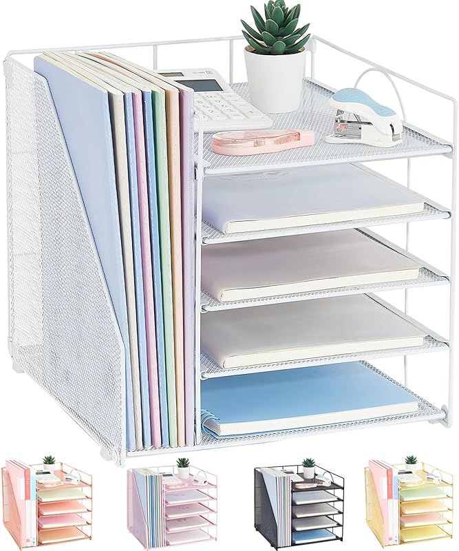 5-Tier Paper Letter Tray Organizer with File Holder - Office Supplies Desktop Organizer