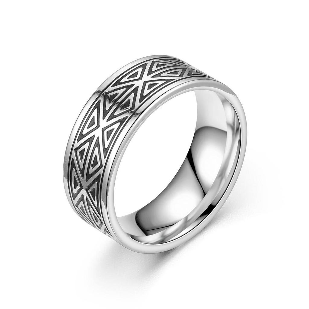 Men's Titanium Steel Punk Ring with Geometric Carving, Blackened for Couples - European & American Style.