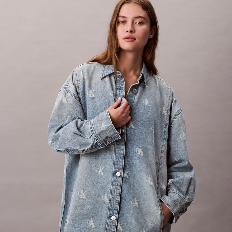 Calvin Klein Vintage Cotton All Over Print Letter Jacquard Denim Long Sleeve Dress Women Dresses 47C786G