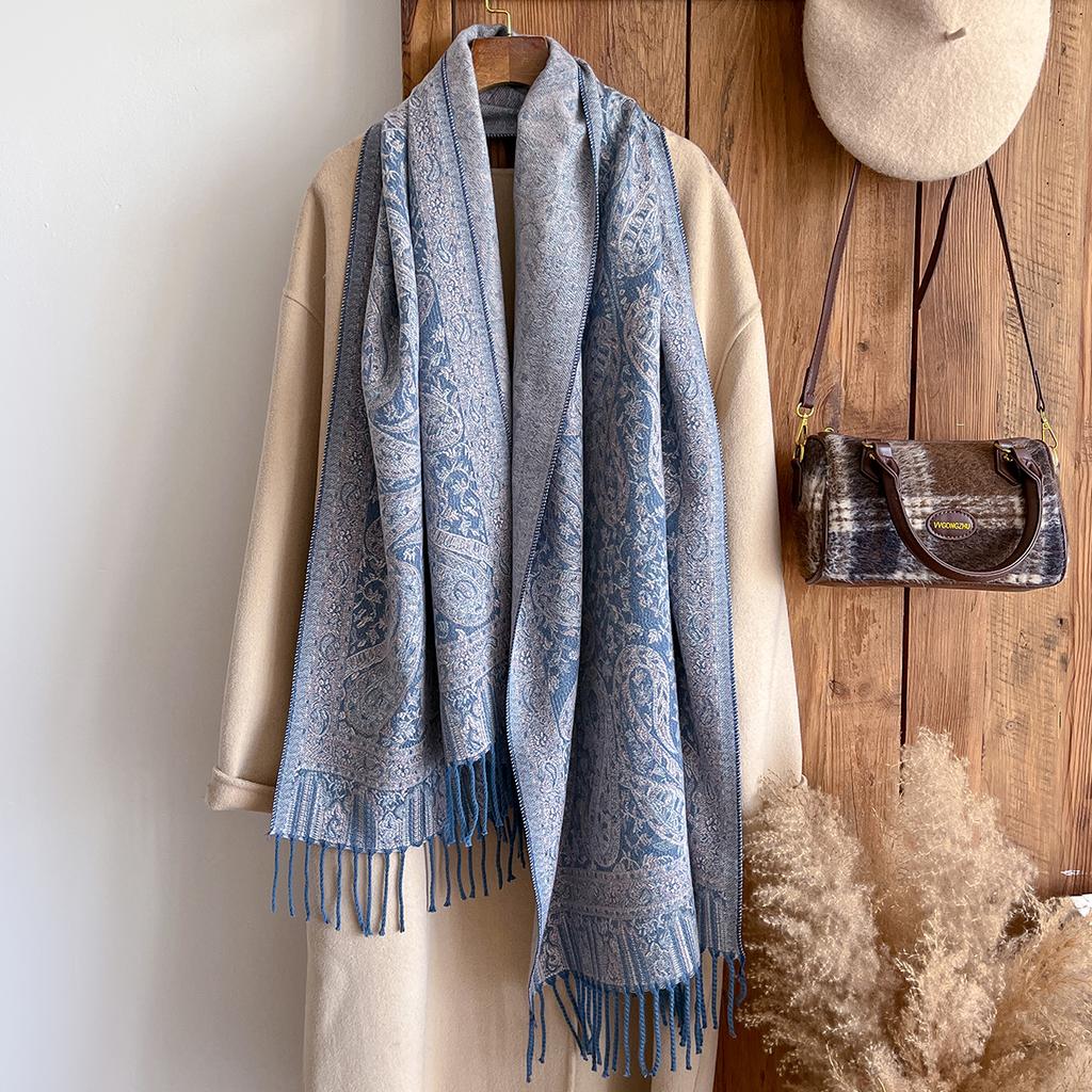 Fashion Women'S Cashmere Winter Shawl - Vintage Oil Painting Floral Printed Tasseled Pashmina Thick Wrap & Echarpe Poncho