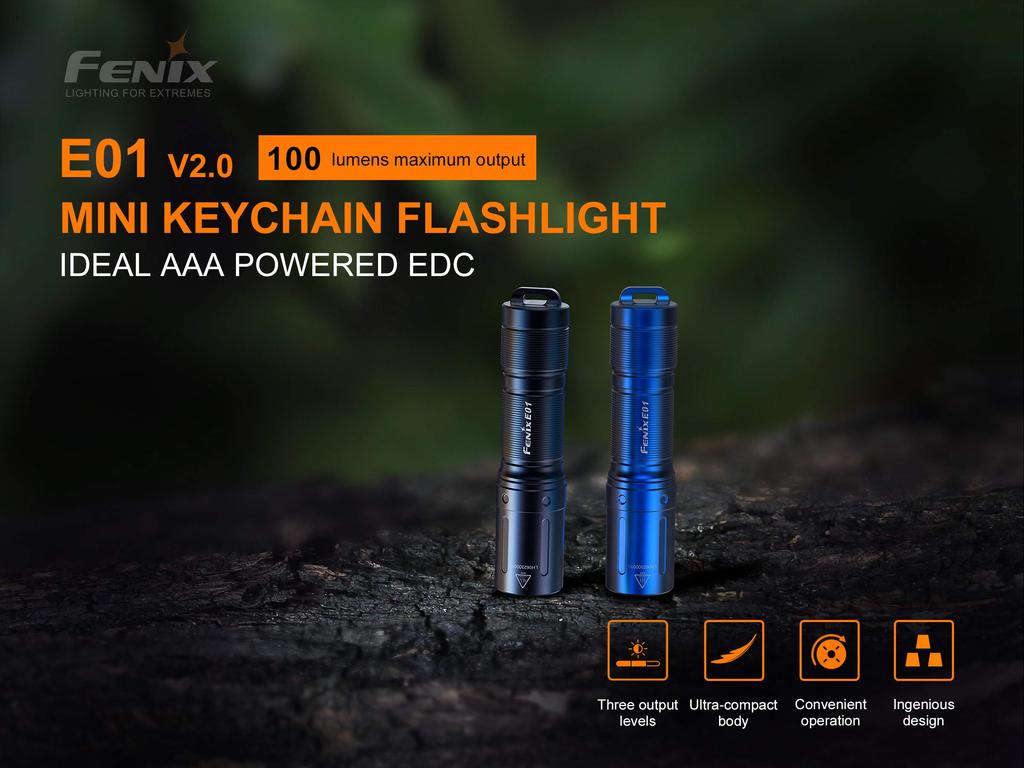 Fenix E01 Keychain Max 100 AA Battery Polycarbonate IP68 Compact V2.0 Light, Lumens, Powered, Construction, Waterproof, Ultra-Lightweight, (Blue)