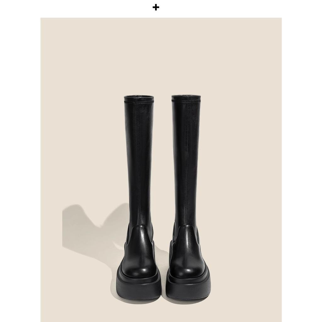[Factory Making Goods] Leather Thick-soled Boots Women's Elastic Thin Boots Heightening Long Boots Tall Knight Boots