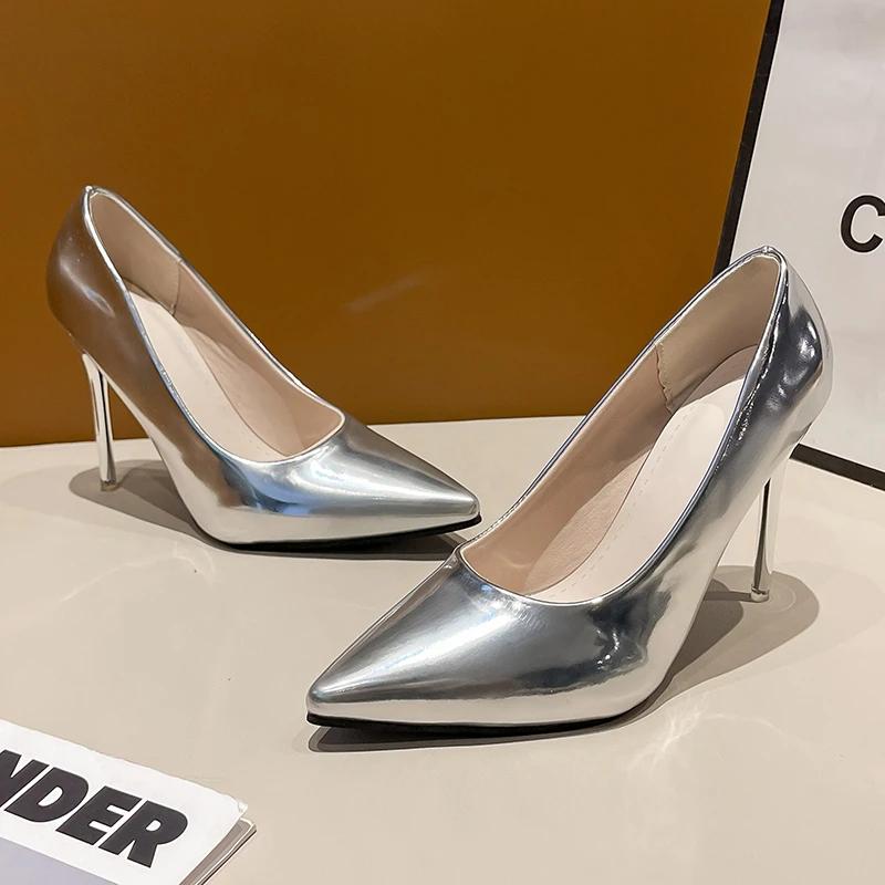 Women Patent Leather Pumps 9cm High Heels Lady Stiletto Low Heels Wedding Bridal Mteallic Silver Sparkly Shoes ladies pumps