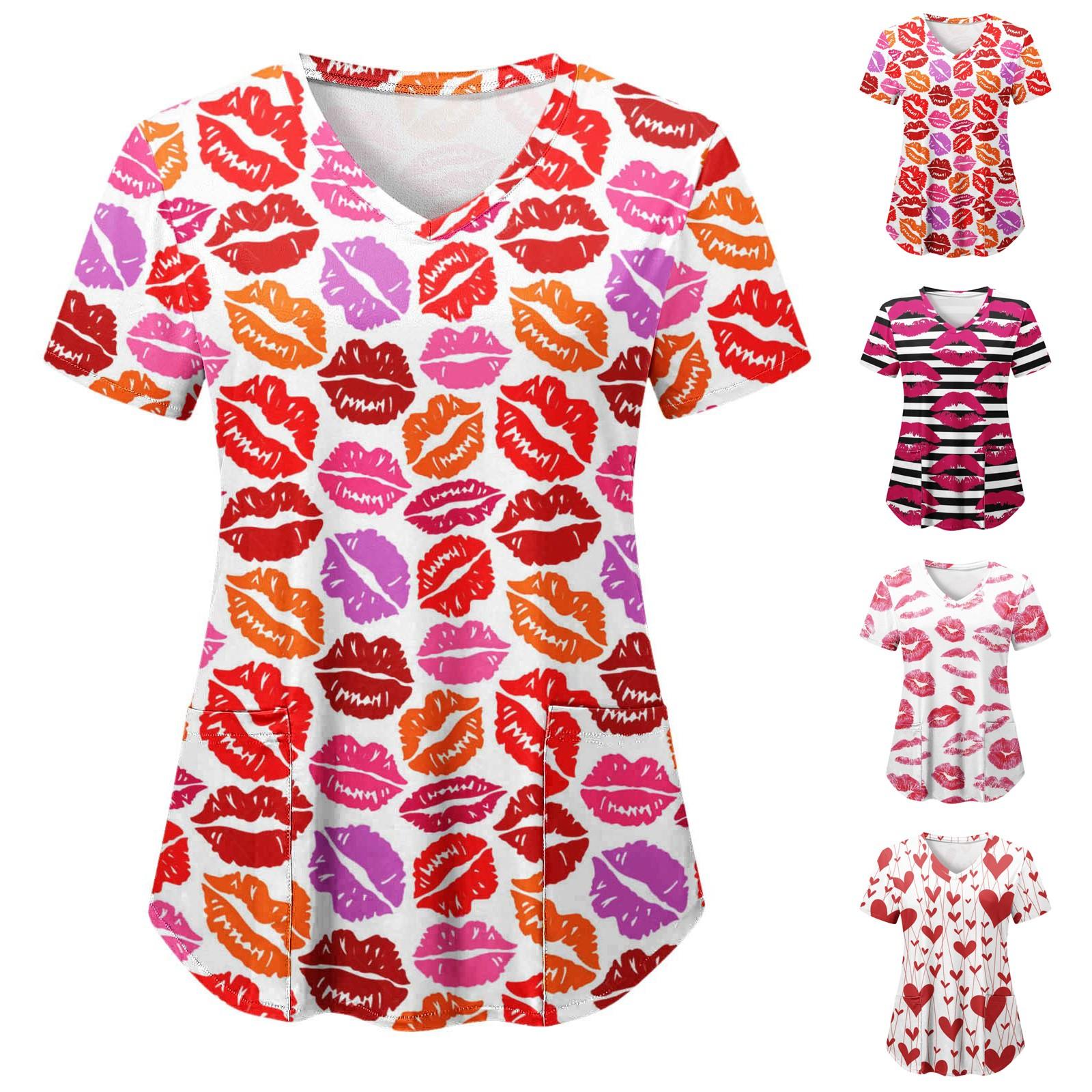 

Women Valentine s Day Printing Short Sleeve V-neck Tops Working Uniform Pocket Blouse