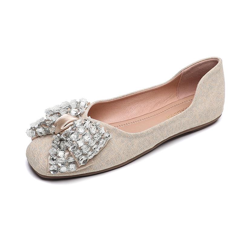

Модные туфли-балетки из микрофибры для женщин, с бриллиантами и бантом, женские лоферы на плоской подошве, офисные мокасины с квадратным носком для женщин 33 абрикосовый