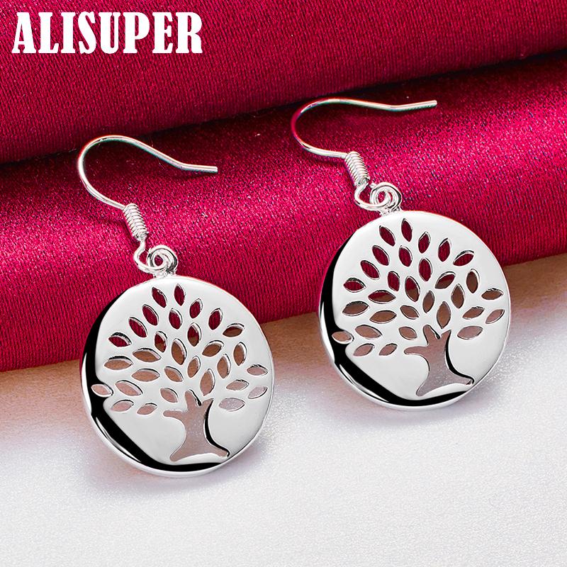 925 Sterling Silver Circle Tree Drop Earrings Jewelry