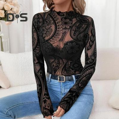 Top da donna Girocollo Manica Lunga Aderente Primavera Autunno Maglione Top T-shirt in Rete con Pizzo Geometrico Floreale Traslucido