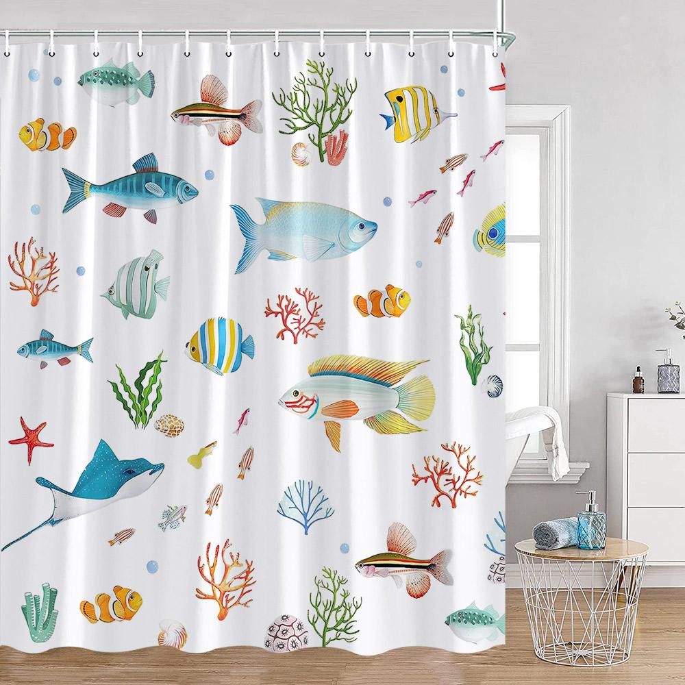 Ocean Animals Nautical Cartoon Shower Curtains Tropical Fishes Sharks Shell Sea Turtle Bathroom Decorations Kids Bath Curtain Wi
