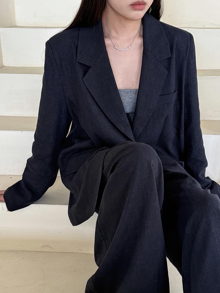 Women's Autumn Cotton Linen Blazer Suit Set with Pants