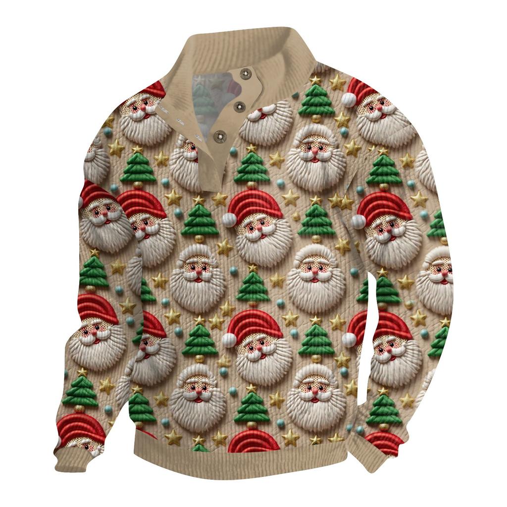 Men's Christmas Cotton Pullover Long Sleeve Outdoor Shirt Vintage Corduroy Button Stand Collar Shirt Casual Sweatshirt Christmas Print Top