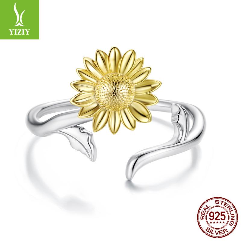 Golden Sunflower Open Ring Exquisite S925 Sterling Silver Sunflower Lucky Ring Jewelry