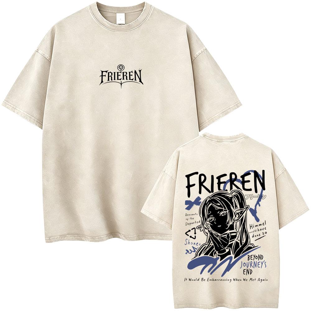 Anime Frieren Beyond Journeys End Frieren Washed Vintage Tshirt Men Women Fashion Manga Tshirts High Quality Cotton T Shirts