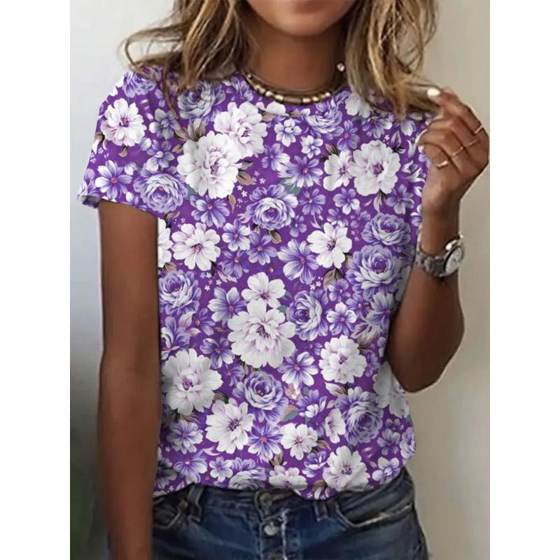 

Fashion Women s Crew Neck Short Sleeve 3D Flower Color Printing Flower Short Sleeve Crew Neck T-Shirt 6XL