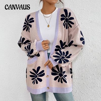 Pull cardigan ample en tricot grande taille pour femme, col en V, imprimé, tempérament de banlieue, automne et hiver