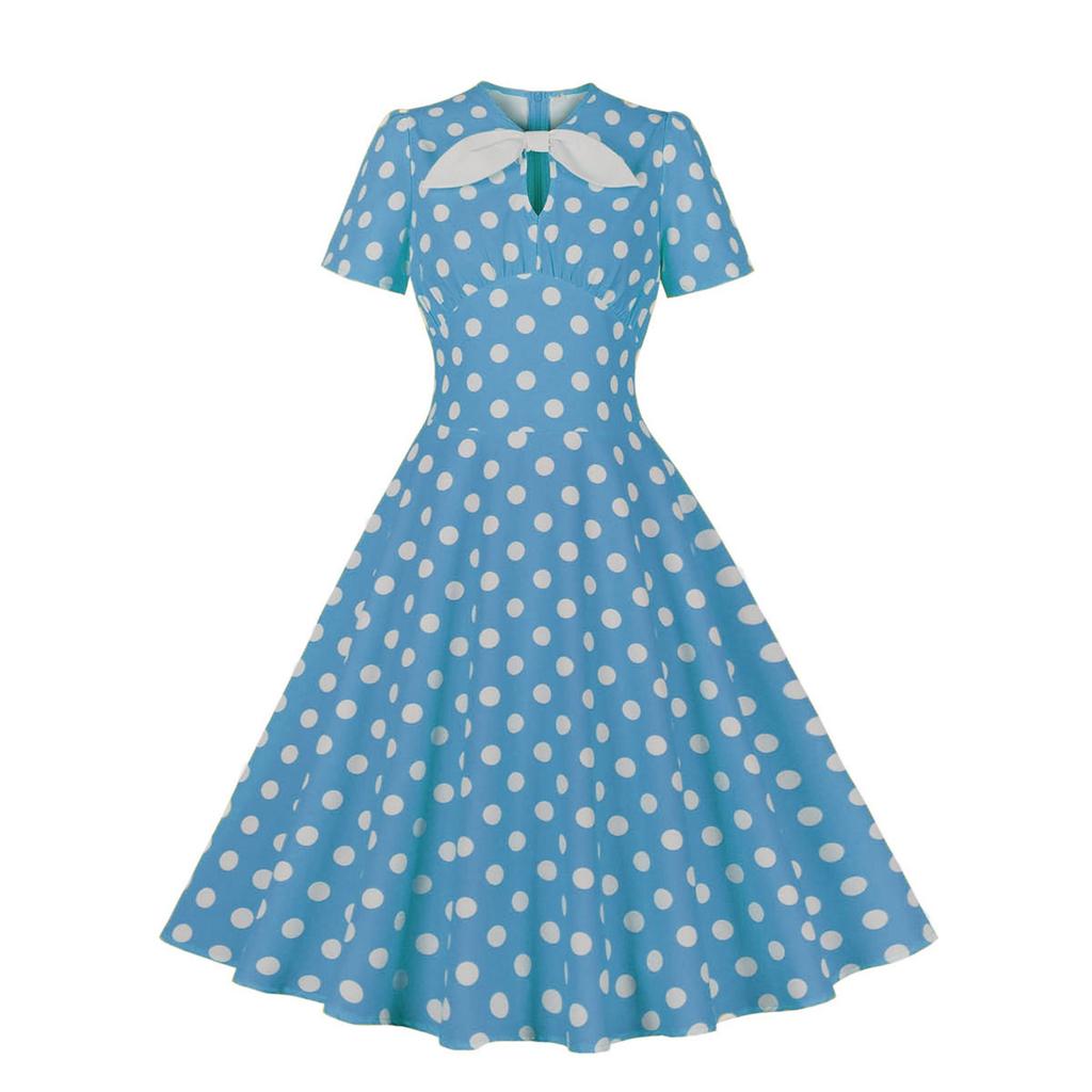 Women's Round Neck Bow Tie Polka Dot Short Sleeve Retro Swing Dress
