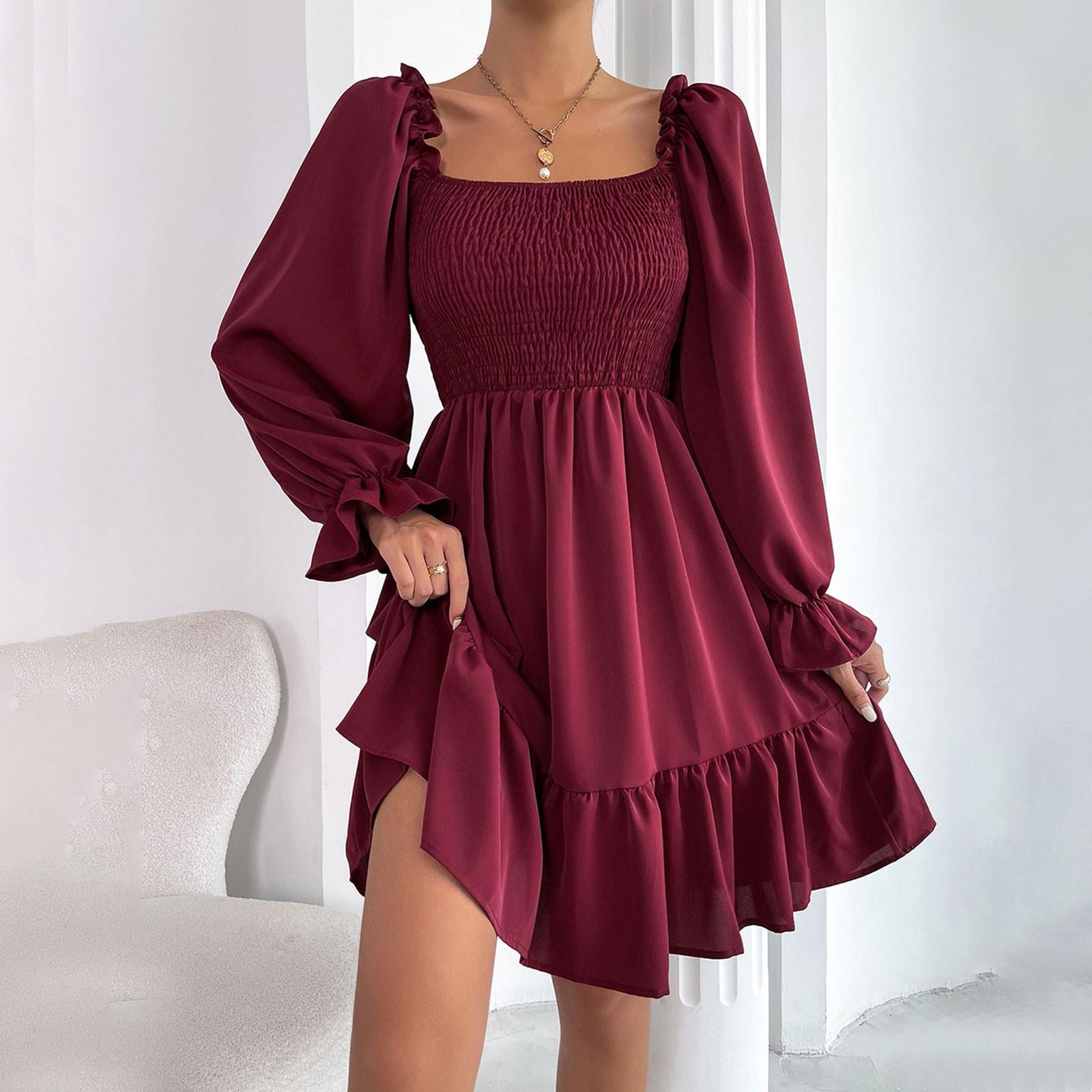 

Женская мода повседневное однотонное свободное платье в стиле бохо с рюшами и длинными рукавами средней юбки S винный