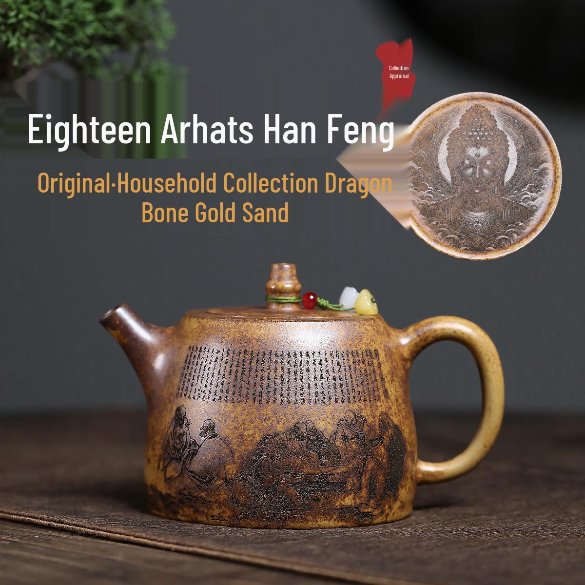Handmade Yixing Zisha Dragon Bone Teapot with Gold Sand and Eighteen Arhats Design 410ML