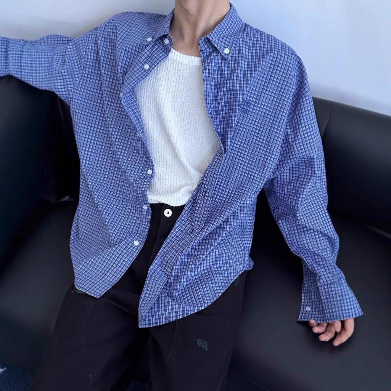 

2025 Корейский стиль Синяя клетчатая куртка-рубашка - Женская с длинным рукавом, свободного кроя, повседневная осенняя одежда XXXL синий