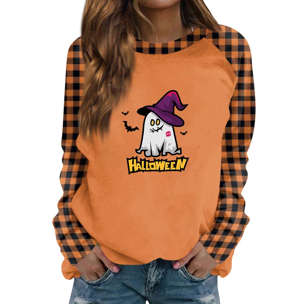 Women's Long Sleeve Crewneck Top with Halloween Print for Casual Fashion