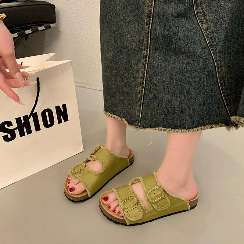 Fashion buckle one-word drag women's summer new versatile cool slippers lightweight muffin slippers