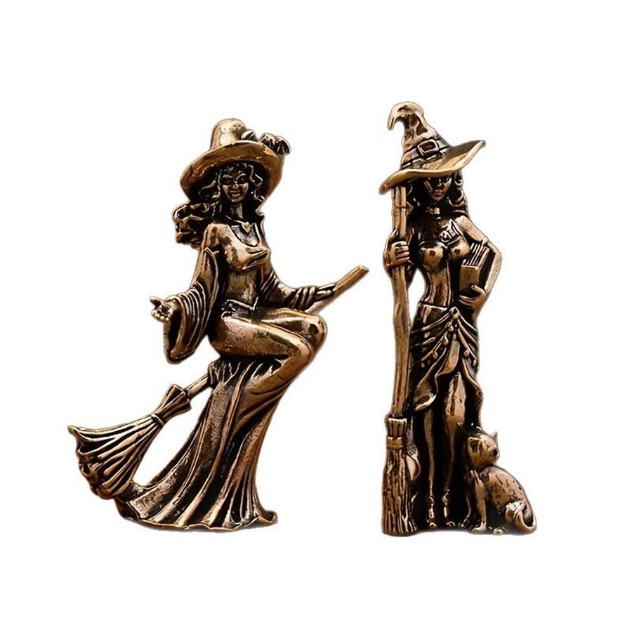Witch Figurine with Broom Desktop Copper Plated Ornament Craft