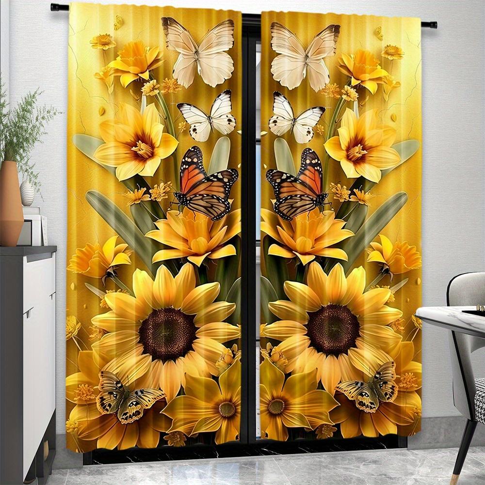 2pcs Semi-Transparent Yellow Sunflower Print Curtains Rod Pocket Design for Bedroom Office Kitchen & Living Room Window Decor