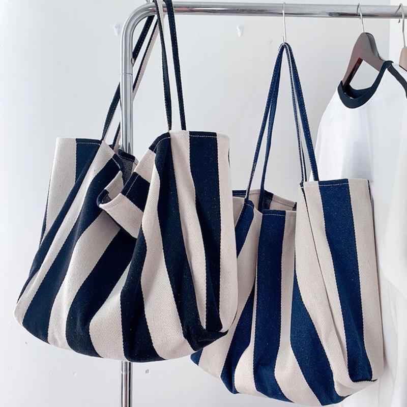 Große Canvas-Henkeltasche Damen Sommer Streifen Einfache Damen Freizeit-Handtasche Outdoor-Umhängetasche