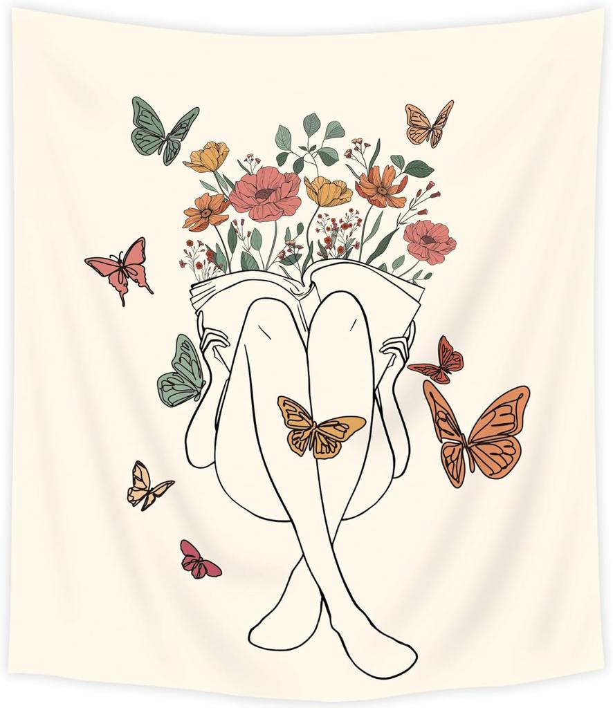 Abstract Woman Face Tapestry Floral Leaves Butterfly Art Line Lady Beige Black Flower Aesthetic Modern Sketch Minimalist Simple