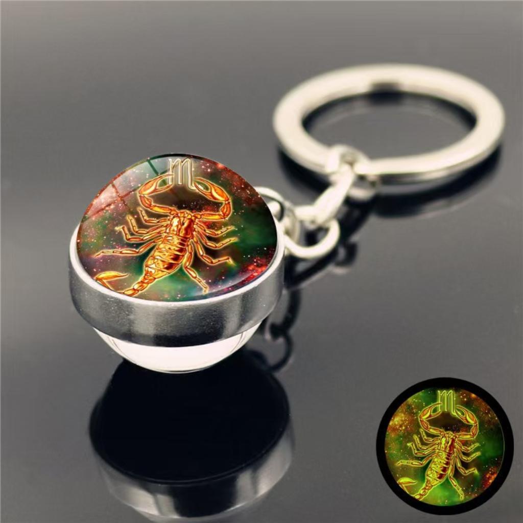 Schlüsselanhänger mit 12 Sternzeichen, im Dunkeln leuchtend, Taschenanhänger, Zeit-Edelstein, doppelseitiger Glaskugel-Schlüsselanhänger