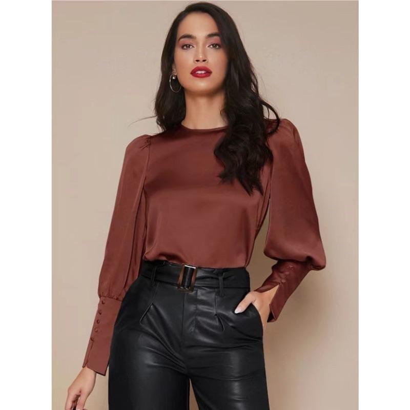 

Рубашка из полиэстера с длинными рукавами, женская, весна-осень, рукава-фонарики, атласная рубашка, топ, блузки и рубашки XL темно-коричневого