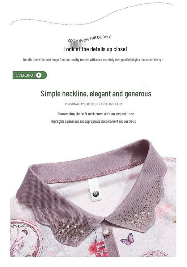 2026 Spring New Mother's Seven-Sleeve Ice Silk T-Shirt for Middle-Aged & Elderly Women - Spring/Summer Fashion Lapel Top