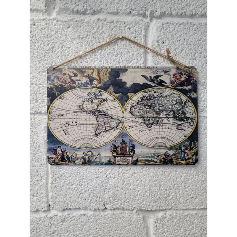 Vintage World Map Tin Sign, Antique Metal Wall Decor