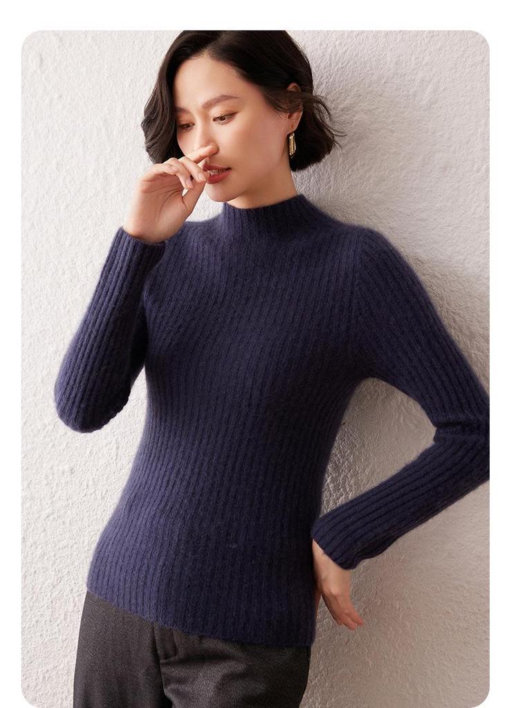 Women's Striped Cashmere Sweater - Autumn/Winter, Half-High Neck, Slim-Fit, Knitted Base Layer
