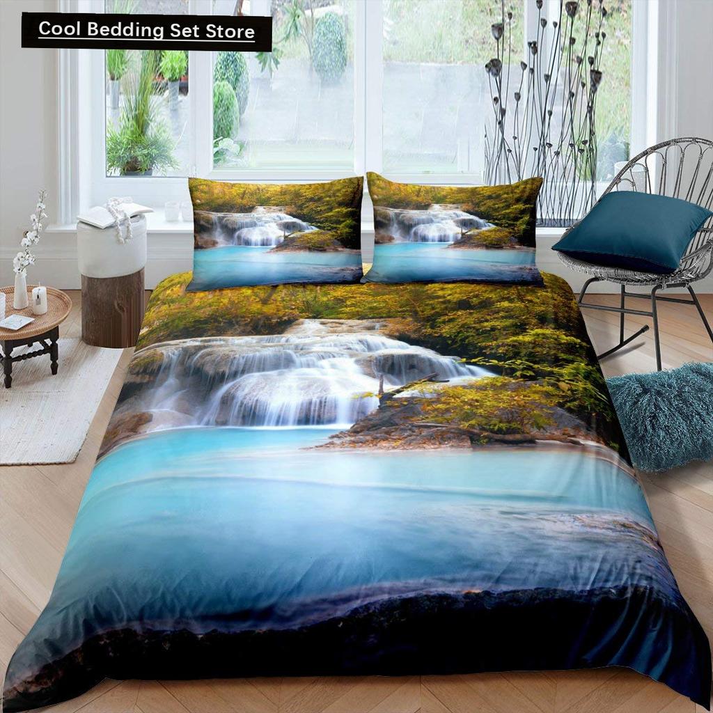 Waterfall king Queen Duvet Cover Floral Trees Bedding Set Natural landscape quilt cover Purple Dream polyester Comforter Cover
