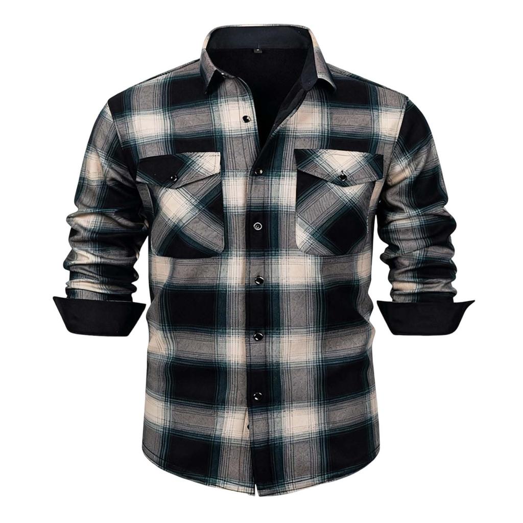 Men's Casual And Trendy Checked Button Cardigan, Men's Lapel Long-sleeved Inner Fleece Warm Coat