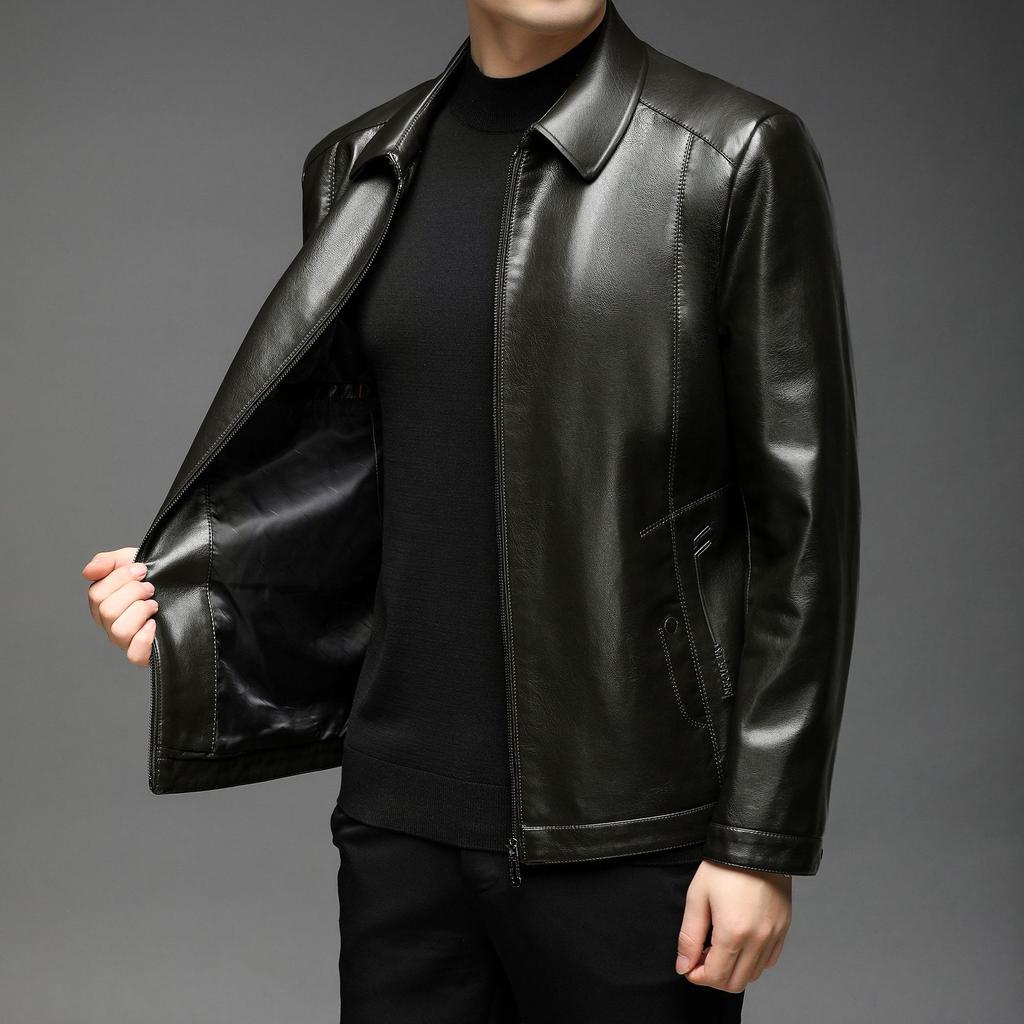 New Men's Lapel Leather Jacket Middle-aged Men's Business Casual Zipper PU Leather Jacket
