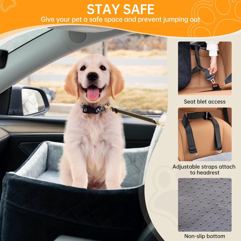 Dog Booster Car Seat for Small Dogs, Portable Pet Travel Carrier Bed with Safety Leash & Adjustable Seat Belt, Non-Slip Bottom
