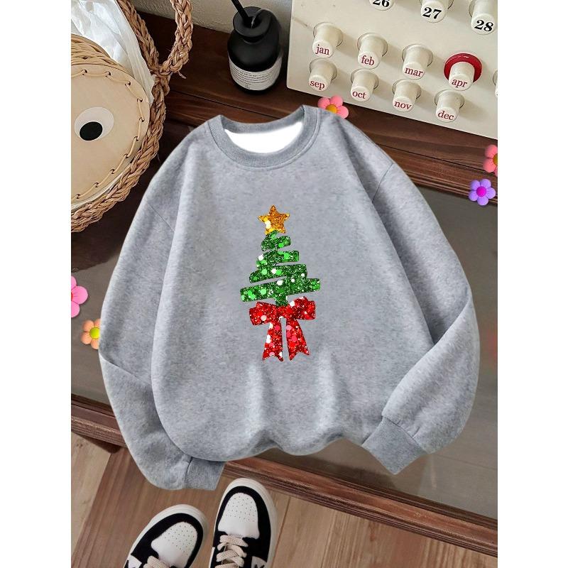 Kids Crewneck Sweatshirt, Unique Creative Christmas Tree Print, Casual Tops for Fall & Winter