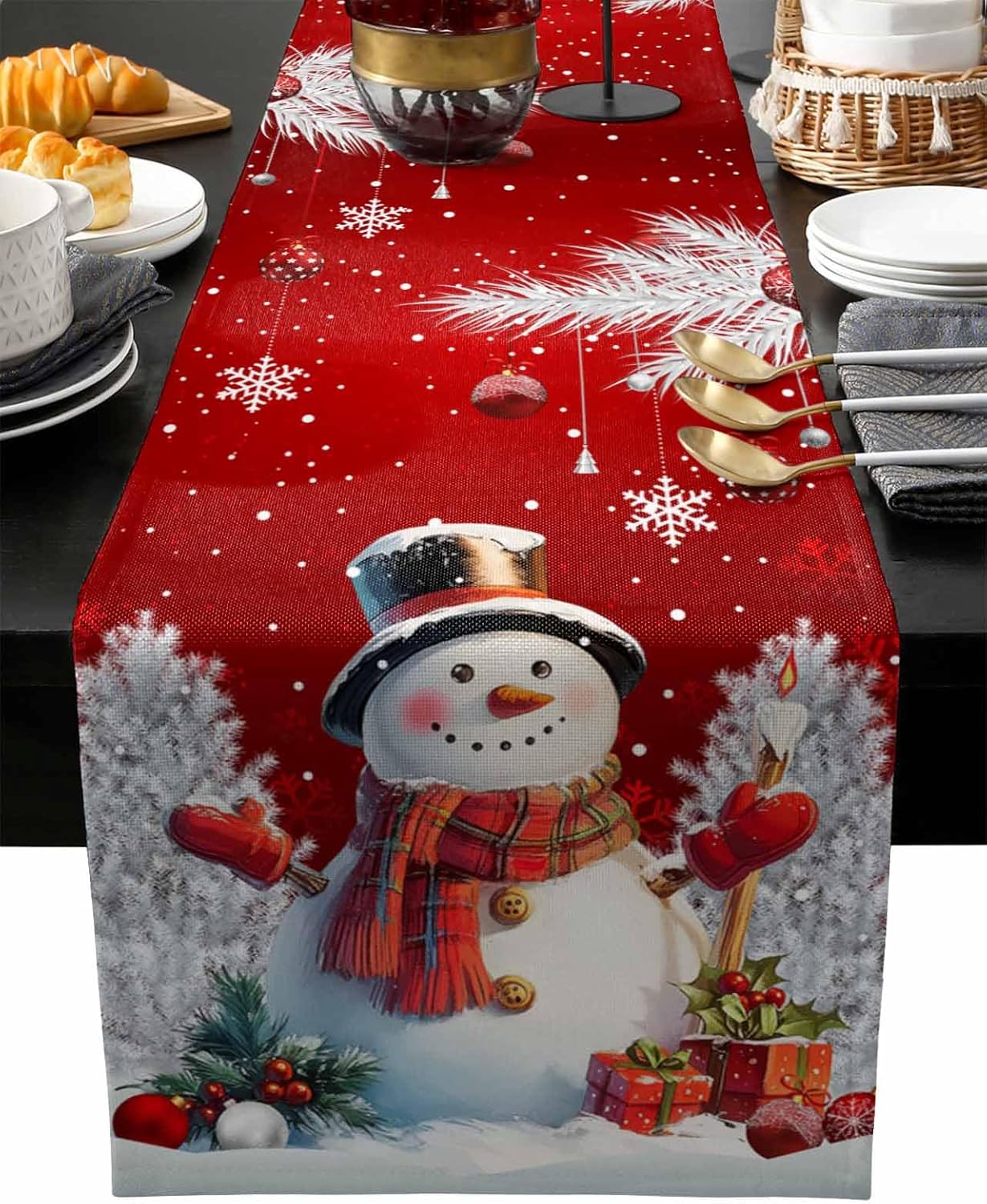 

Christmas Snowman Ball Silver Leaf Snowflake Linen Table Runner for Table Decor Winter Xmas Table Runners Christmas Decorations 150x33cm 59x13inch