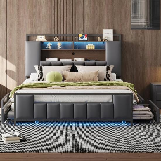 Upholstery Bed 160x200 Cm, Multifunctional Bed with LED Light, USB Socket, Drawers, Solid Iron Bed Frame, Youth Bed, Adult Bed, Double Bed, Synthetic