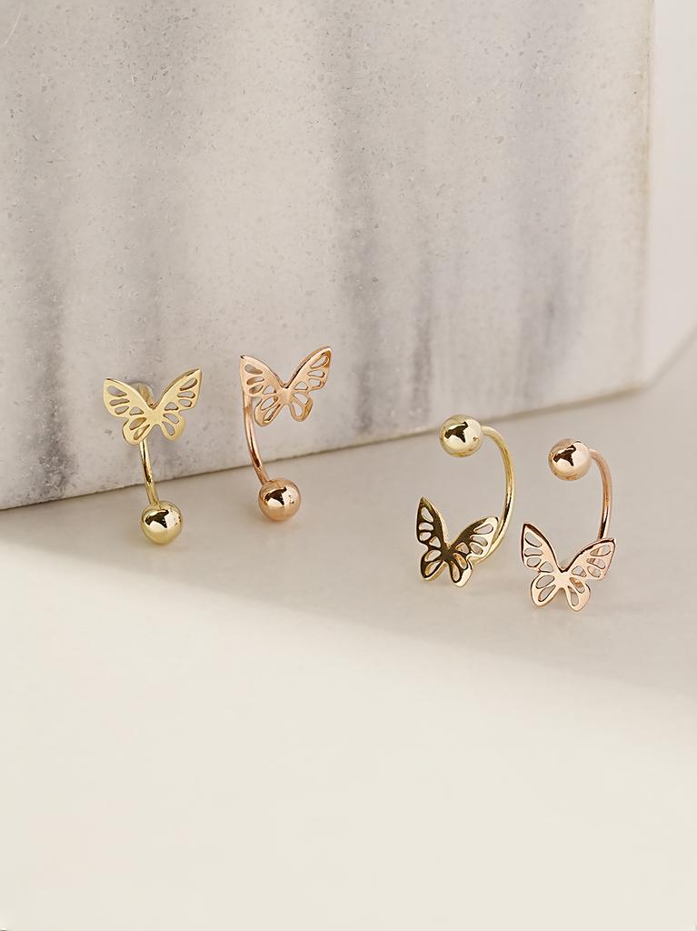 Minimalpiercing 14K Point Butterfly Two-Way Curve Ring Piercing Earrings