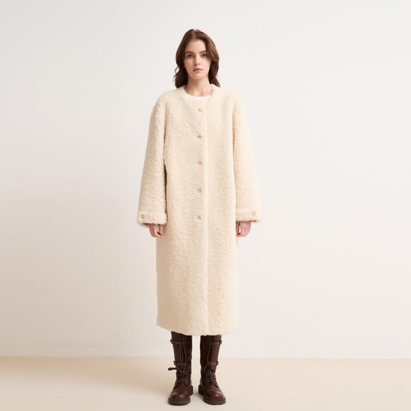 Womens Winter Faux Fur Coat Loose Fit Round Neck Mid-Length Solid Color Fleece Outerwear